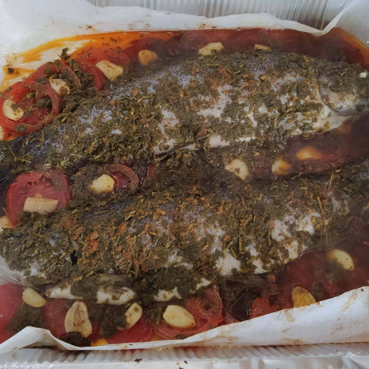 דגי פורל אפויים על מצע עגבניות. 