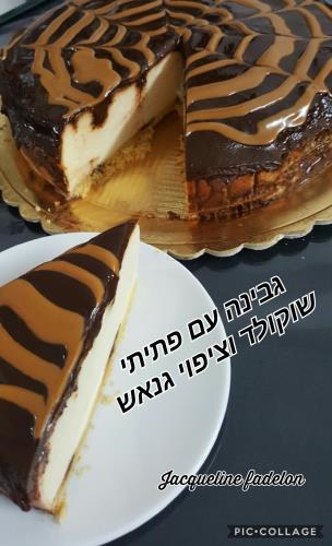 עוגת גבינה עם פתיתי שוקולד וציפוי גנאש שוקולד מריר 