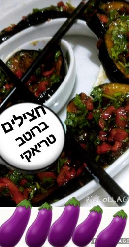 סלט חצילים ברוטב טריאקי ,סויה וחומץ בלסמי וטבסקו